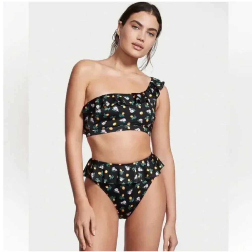 Victoria' Secret Swim Black Floral Lemons One Shoulder Bikini Top Medium NWT